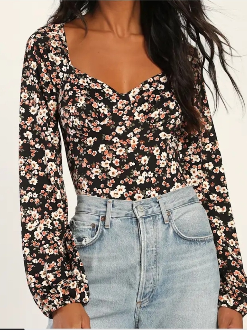 Lulus Blossom Beauty Black Floral Print Long Sleeve Sweetheart Bodysuit Size XL